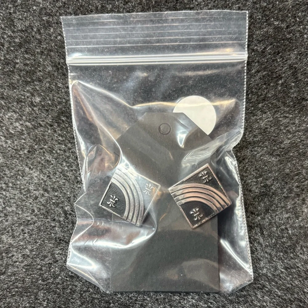 Silver and Black Square Cufflinks with Fleur-de-Lis and Curved Design